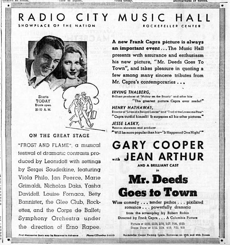 NY TV debut 4/11/59 from 11:15 pm to 1:30 am on WCBS' 'The Late Show.'' First of Capra's Columbia classics to hit the tube opened 4/16/36 @radiocity, with a pull quote from Irving Thalberg.