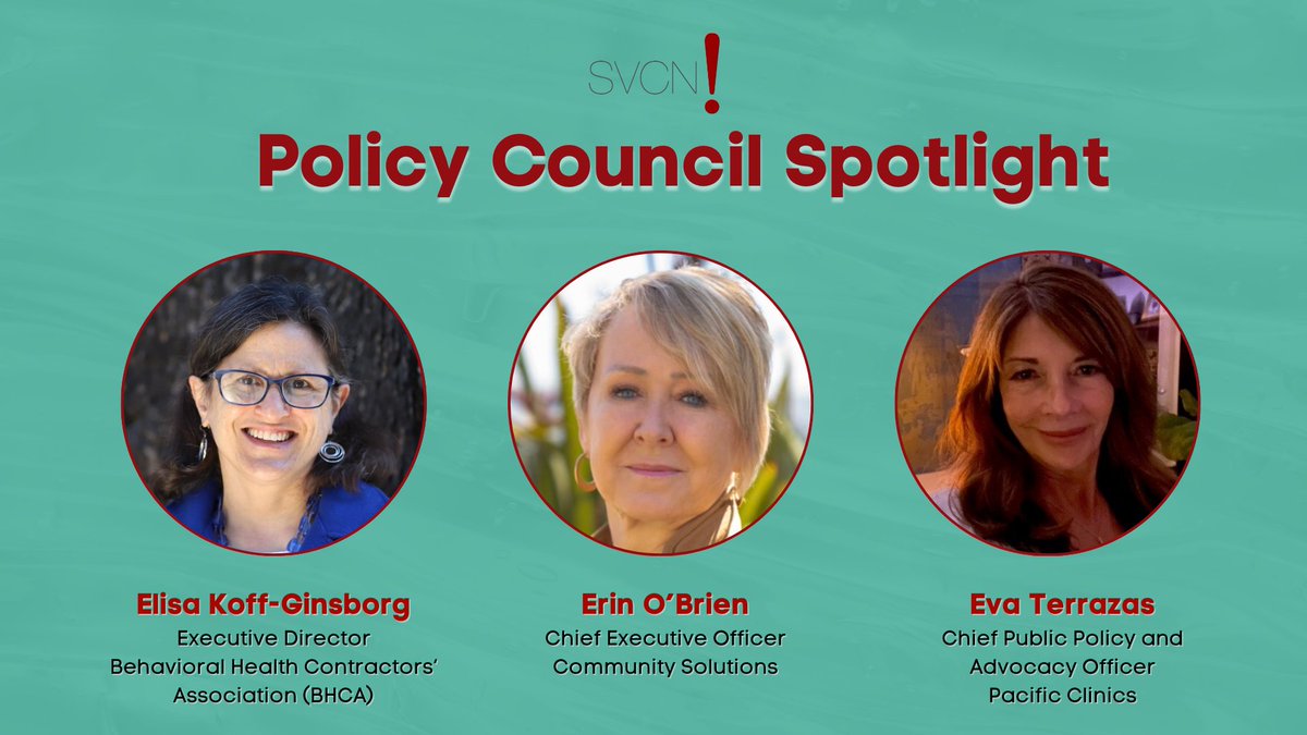 Meet some of SVCN’s Policy Council: Elisa Koff-Ginsborg, Erin O’Brien, and Eva Terrazas! 🦄 @ComSolOrg @PacificClinics Stay tuned to explore more of SVCN’s Policy Council members and their contributions. Learn more: svcn.org/staff#policy-c…
