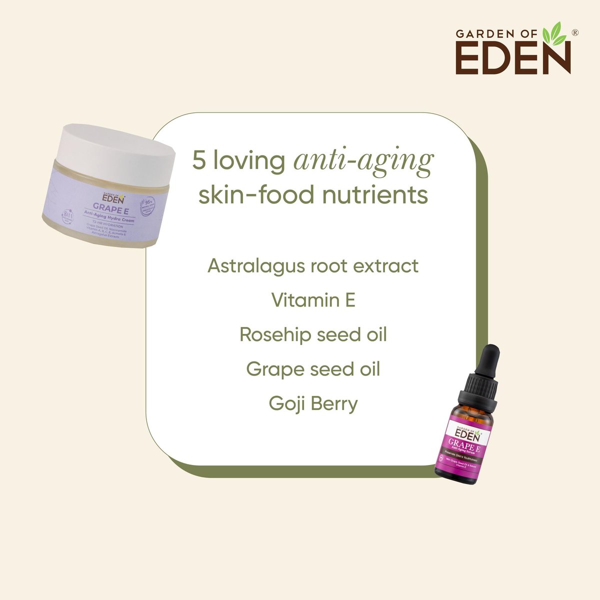 GOESkincare's tweet photo. Here are 5 loving anti-aging skin-food nutrients that you didn’t know about in our Grape E Anti-Aging Cream &amp; Serums.

These ingredients help to:

 🍇Boost collagen &amp; elastin
🍇Delay skin aging &amp; reduce wrinkles
🍇Firms skin

#GardenofEDENMY #TrustedNaturalSkincare https://t.co/xDj6dFVeIq