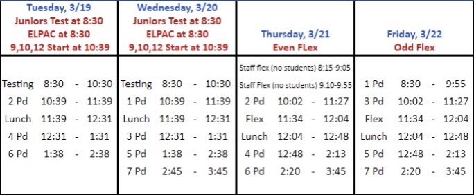 Here is the schedule for the rest of this week! Tuesday and Wednesday are special late starts due to ELPAC testing for juniors. Thursday and Friday are the new designated flex days.