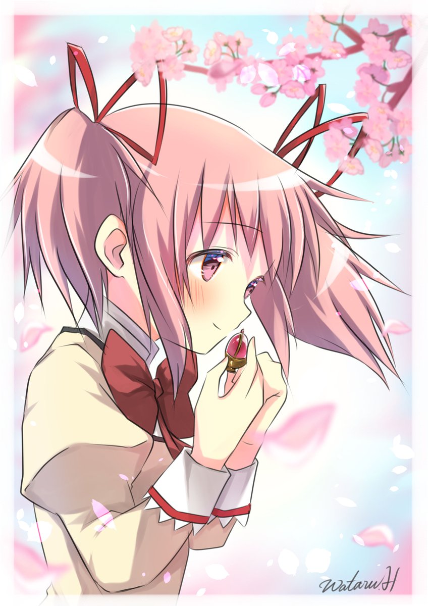 kaname madoka 1girl solo blush smile long sleeves holding bow  illustration images