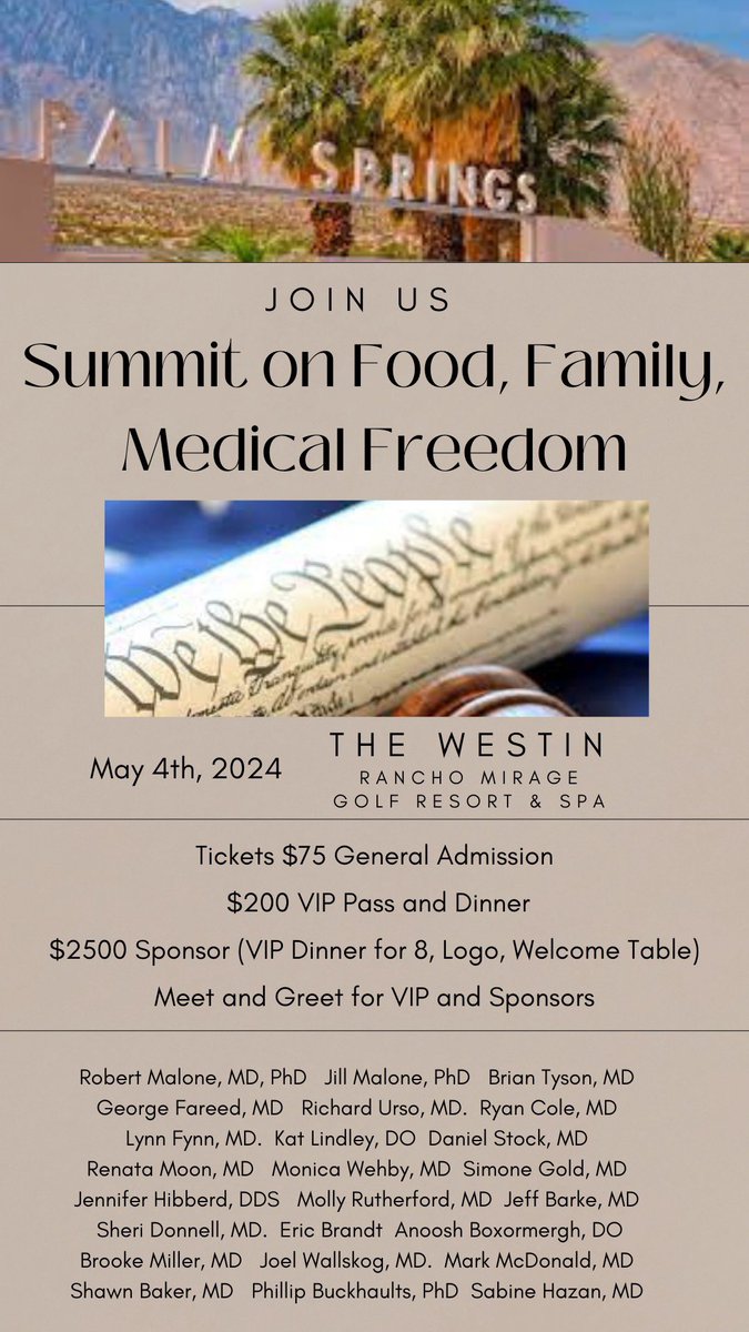 If you are in Southern California you will want to be here May 4th. Mark the date. This is the first time in California ALL of these Freedom Fighters will be in one place!! @RWMaloneMD @drsimonegold @MdBreathe @richardursomd @Fynnderella1 @GeorgeFareed2 @drcole12 @SabinehazanMD…