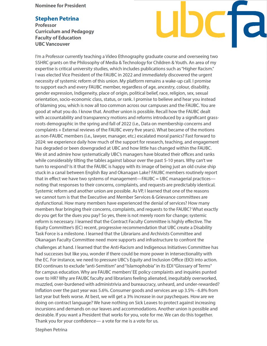 StephenPetrina's tweet photo. Yes #UBC faculty and librarians, I need your vote for this Faculty Association election. To those who say "your conclusions should be more drastic," I concur! https://t.co/6Wo0u9xRNj https://t.co/t1YgFSLFug