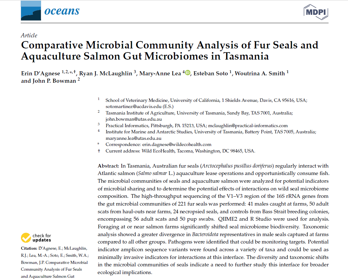 🔥#HighlyViewedpaper 
Title: Comparative Microbial Community Analysis of Fur Seals and Aquaculture Salmon Gut Microbiomes in Tasmania By Dr. Erin Rose D’Agnese, et al. Link: mdpi.com/2673-1924/4/2/…  

#seal #microbiome #aquaculture #salmon @ucdavisvetmed @UTAS_ @MDPIEnvironment