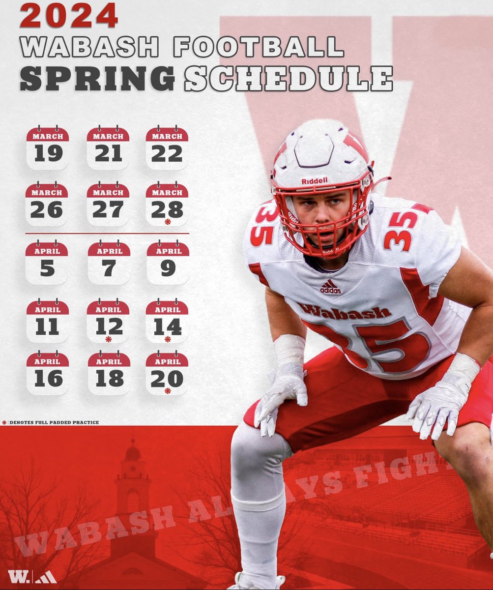 Our spring practice schedule is set! Day 1 is tomorrow! Follow us on Instagram, using this link, to see more of us! instagram.com/wabash_fb?igsh…