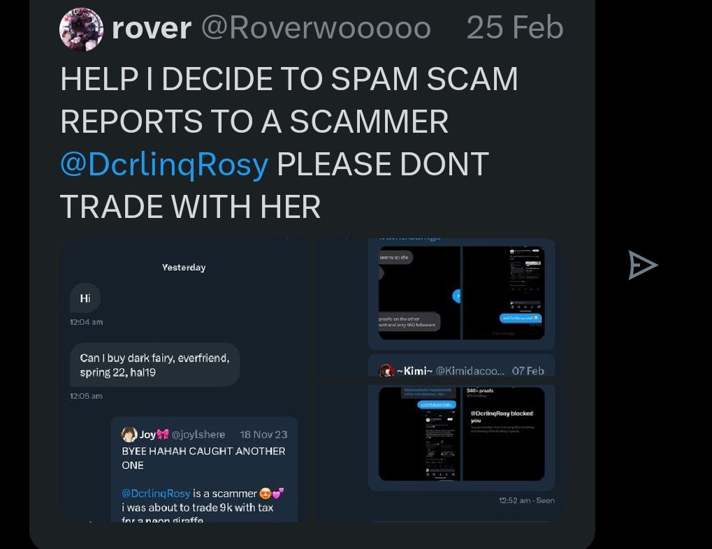 L0st_W4ll's tweet photo. Everyone please report @DcrlinqRosy for scamming

She scammed my friend for his mfr ssbd and A LOT of other people for halos and robux 

If you follow
Please unfollow her
She uses her scams as proofs which I find absolutely foul and pathetic https://t.co/4l9VjeW29T