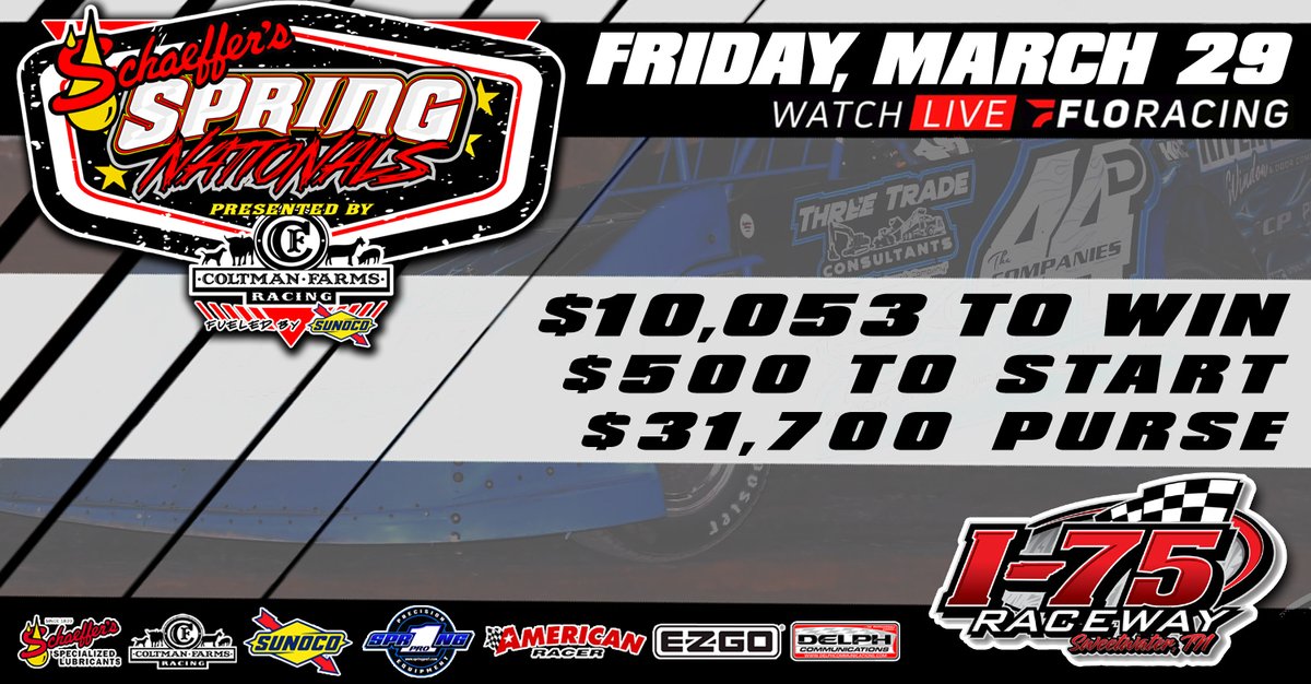 NEXT EVENT!!! Friday, March 29 - I-75 Raceway (Sweetwater, TN) $10,053 to win, $500 to start Previous Winners: Brandon Overton ('21), Carson Ferguson ('23) @SchaefferOil #SpringNationals Tire Rule: Hoosier: NLMT 2, 3, 4 American Racer: 44, 48, Pro3/56 SouthernNationalsSeries.com