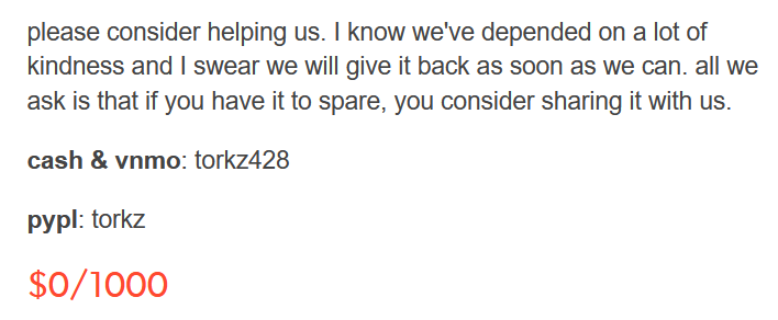 my friends, a black trans couple, need more help to stay housed & take their cats to the vet, and did not receive enough from the last time their post went around. please share & help if you can! more details on tumblr or in this thread: cryptenby.tumblr.com