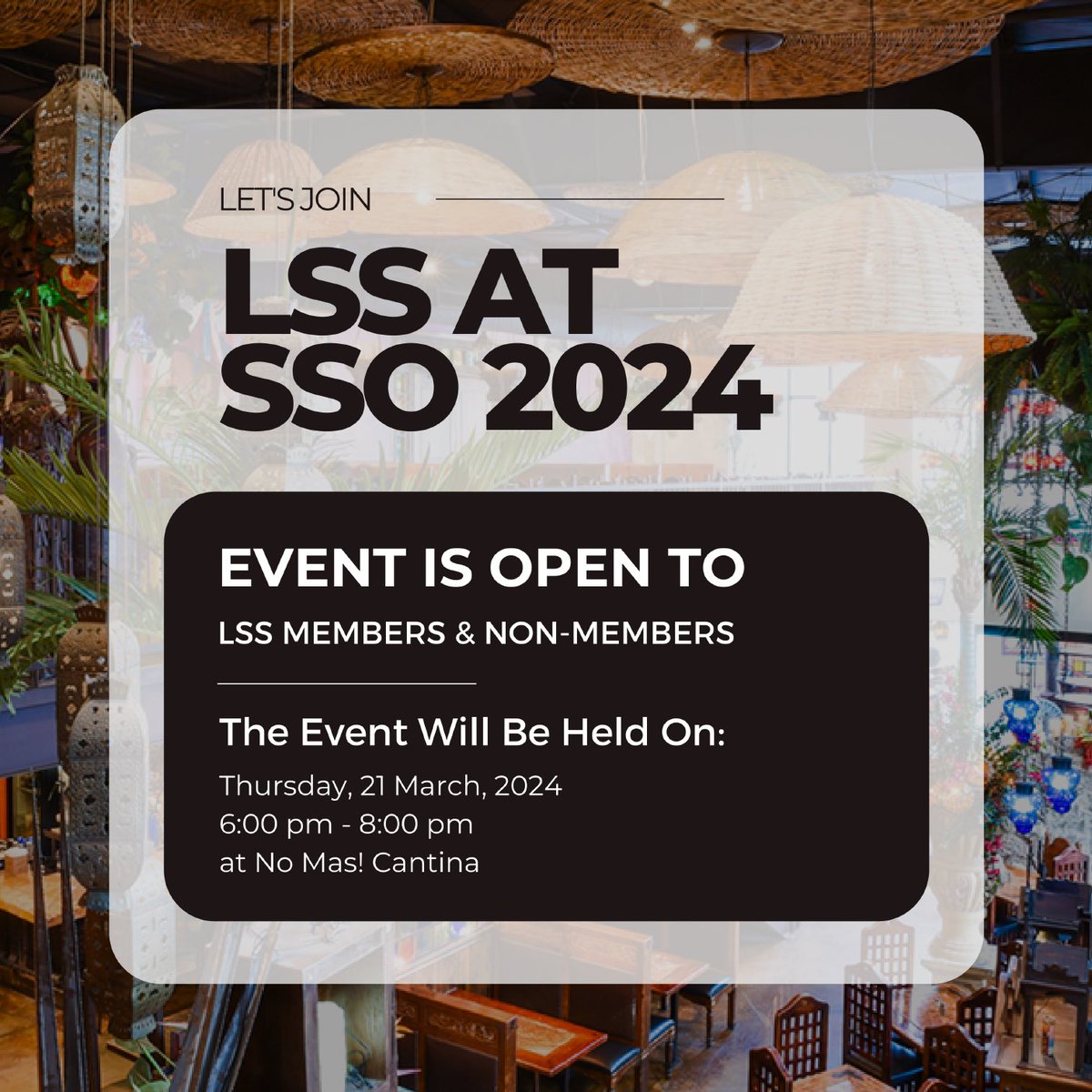 It’s almost time! Join us at No Mas! Cantina, after SSO hours! 
#SSO2024
#LatinoSurgery
#LatinxSurgeons