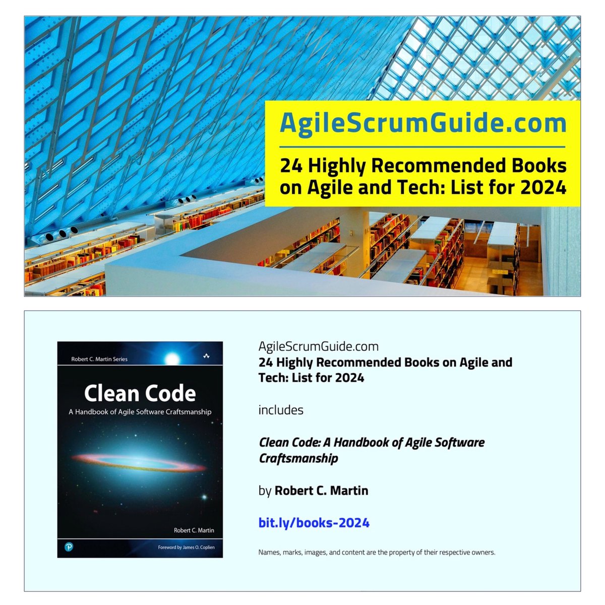 AgileScrumGuide's tweet photo. 24 Highly Recommended Books on Agile and Tech: List for 2024 includes “Clean Code: A Handbook of Agile Software Craftsmanship.” Details on that acclaimed book — and 23 additional titles — are here: https://t.co/y0RHEVJmWJ.
#Agile #AgileSoftware #SoftwareDevelopment #Tech #Books