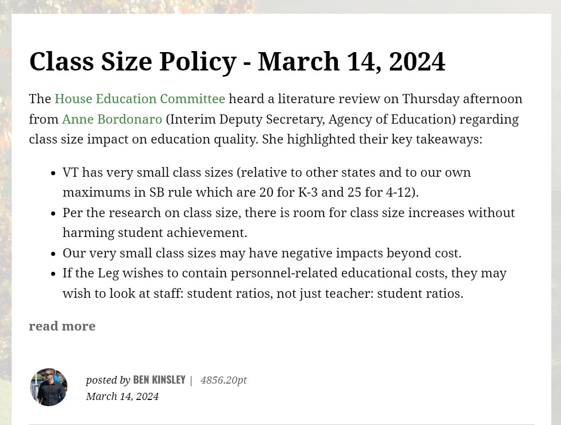 CampaignForVT's tweet image. The Agency of Education makes the argument that Vermont's extremely small class sizes actually hurt educational outcomes, not just property tax rates.

campaignforvermont.org/class_size_pol…

#vtpoli #vtleg #vted