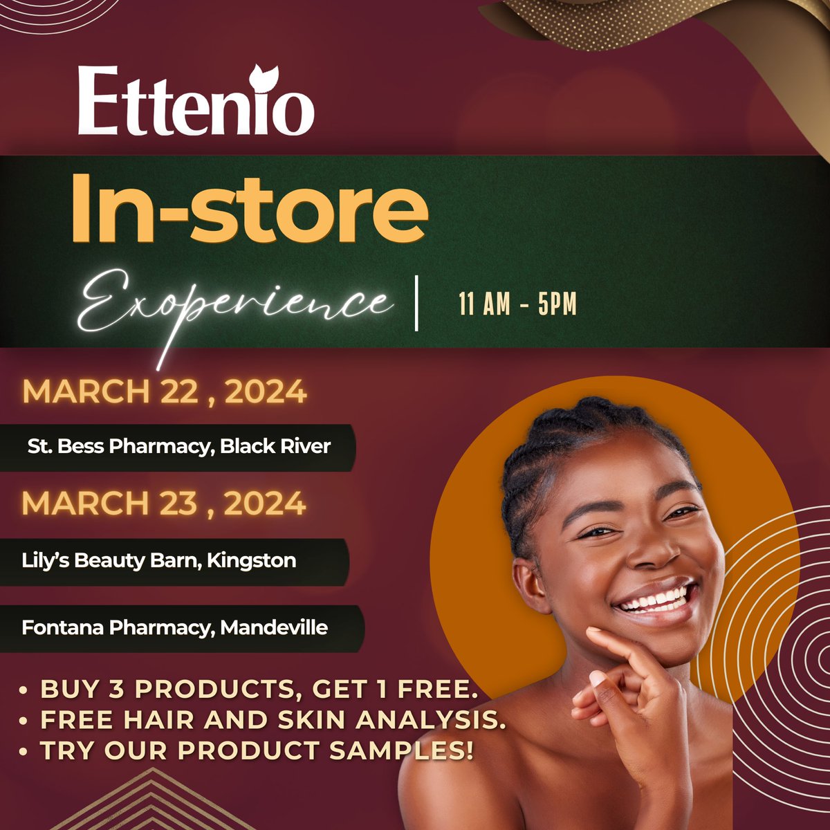 Black River, Kingston, and Mandeville will be feeling the Ettenio love this weekend. Come out and see us!⁠ ⁠ ⁠ ⁠ #jamaicanskincare #jamaicanmade #natural #greenbeauty #cleanbeauty #healthylifestyle #greenskincare #skincare #naturalhair #teamnatural  #naturalhaircommunity