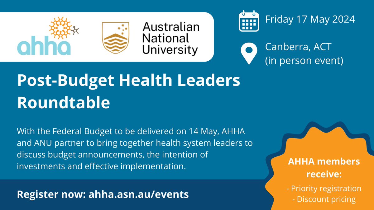 Register now for the Post-Budget Health Leaders Roundtable on May 17, co-hosted by AHHA and ANU following the 2024-25 Federal Budget release! Secure your spot with early bird and exclusive AHHA member pricing available and stay tuned for our panelist lineup! #PostBudgetRoundtable