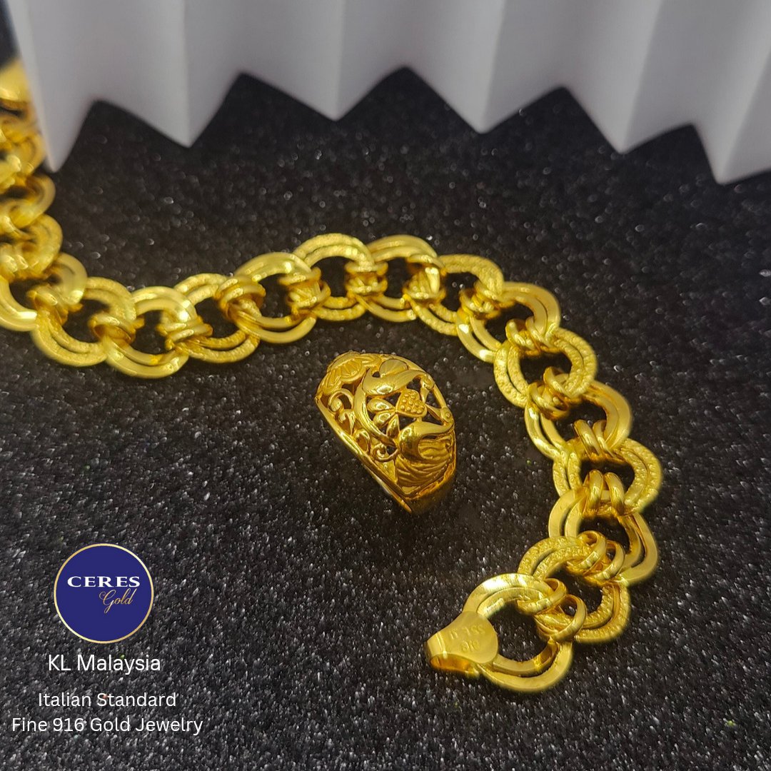 CeresGold's tweet photo. Bracelet and ring from Ceres Jewelry in Malaysia. 22k gold jewelry crafted to Italian standards, at the Ceres Gold showroom in Kuala Lumpur Malaysia. All types of gold jewelry and Ceres Gold prices start at just RM 3000. #braceletsmalaysia #goldringsmalaysia #ceresgold #ceresring https://t.co/1f78ofxo8Z