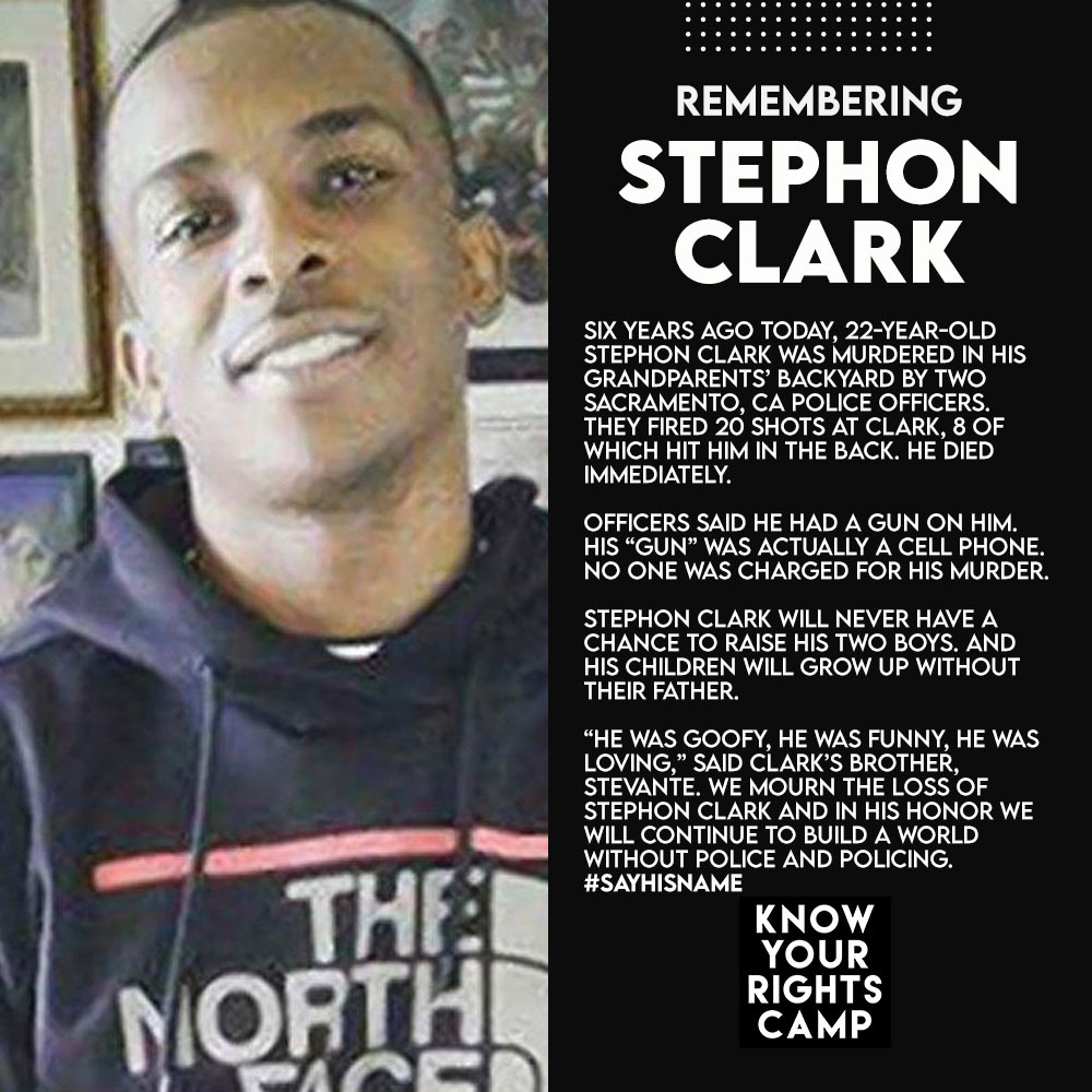 yourrightscamp's tweet photo. Six years ago today, 22-year-old #StephonClark was murdered in his grandparentsโ backyard by two #Sacramento, CA #police officers. They fired 20 shots at Clark, 8 of which hit him in the back. He died immediately.
๐๐พ๐๏ธ#SayHisName https://t.co/s02MgS3GzY