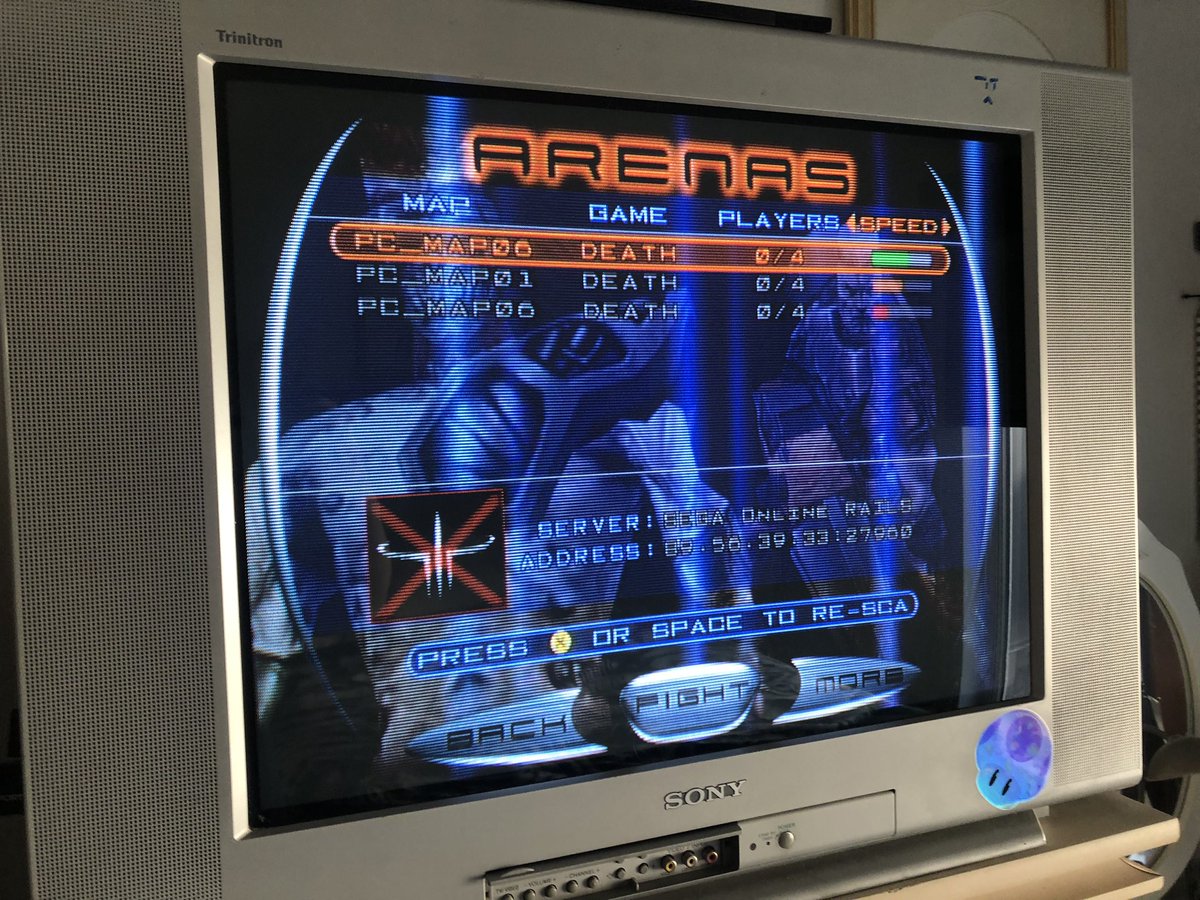 NachtRave's tweet photo. Who’s online with #Dreamcast in 2024 playing #Quake III? This girl! 0/4 players in each arena, coming in off a 56k modem connected to a RasPi using 2.4GHz Wireless G via #DreamPi. Hot damn! https://t.co/zfREB5QKfq