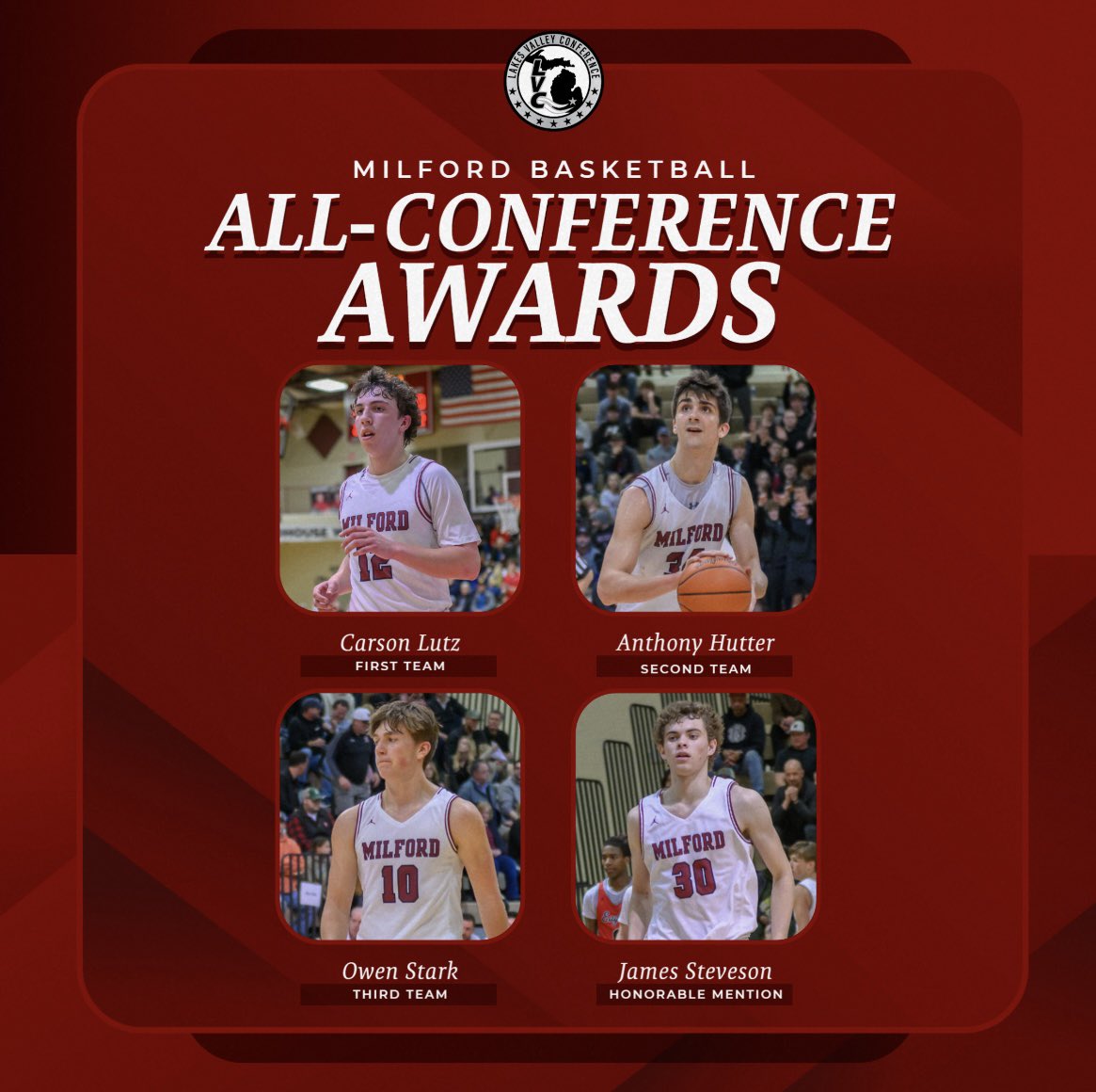 Congratulations to Carson, Anthony, Owen, and Jimmy for being recognized by our league as All-Conference players!

These four hard working, invested young men have earned this well deserved recognition for their play this season that led us to great TEAM success! #milfordpride