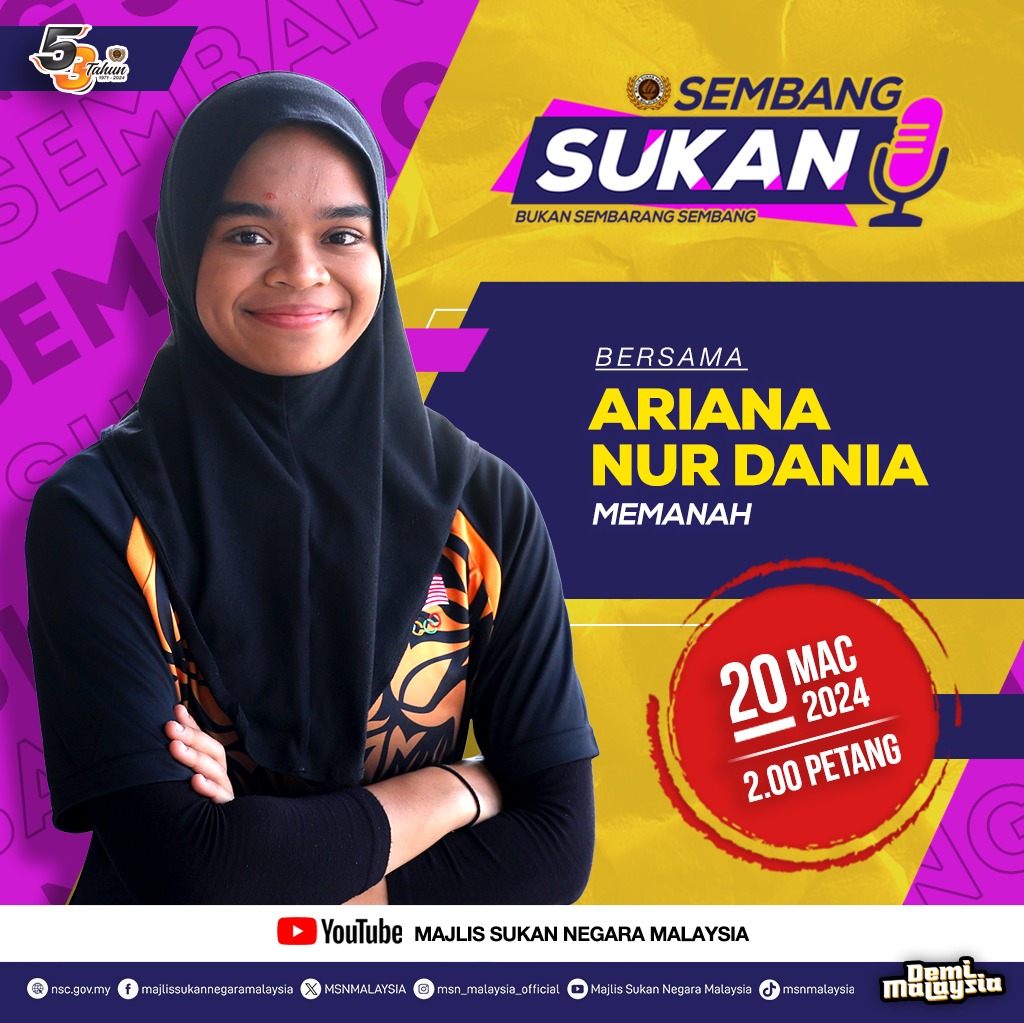 Jangan lupa saksikan Ariana Nur Dania, Atlet Memanah Negara pada jam 2.00 petang hanya di Saluran YouTube Majlis Sukan Negara! #DemiMalaysia #KontinjenMALAYSIA #MalaysiaRoar