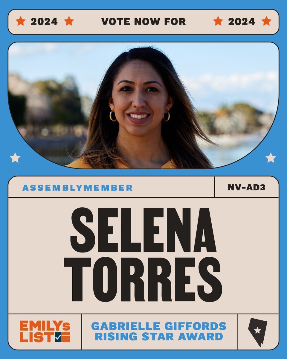 Voting is live for @emilyslist's Gabrielle Giffords Rising Star award, and Nevada's very own @SelenaTorresNV has been nominated this year! Please go vote for Selena here: win.emilyslist.org/a/20240308_eve…