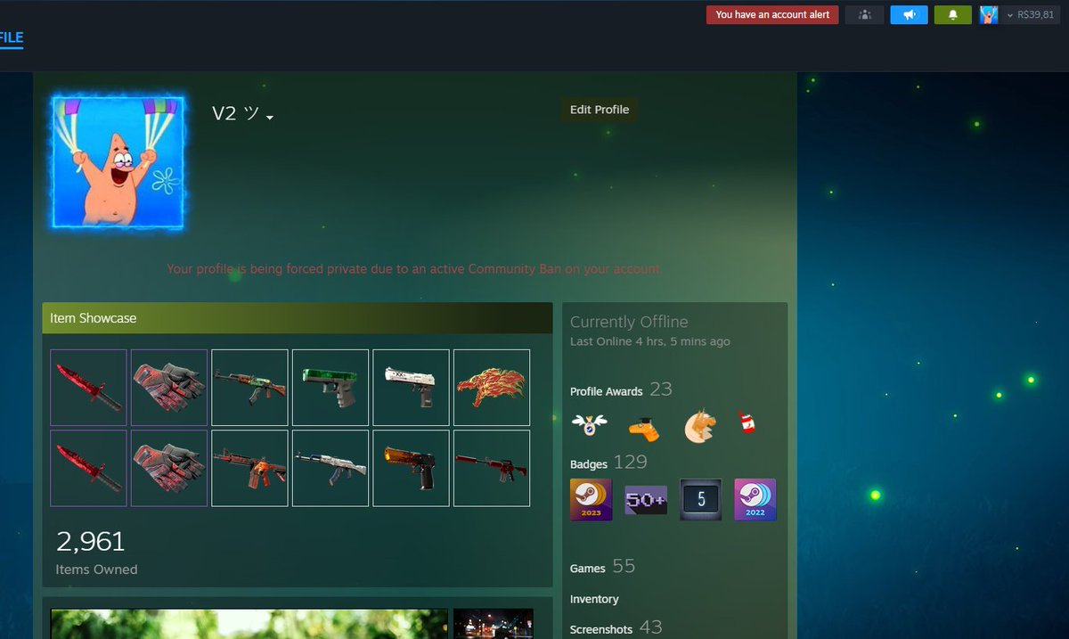FUI BANIDO NA STEAM...

eu particularmente estou BEM CALMO
, 
o motivo que apareceu foi por "spam", acredito que eu tenha comentado em vários lugares recentemente..

e acredito firmemente que vai ser revertido,
porém não minto que é ASSUSTADOR..

STEAM DESBANE O V2..