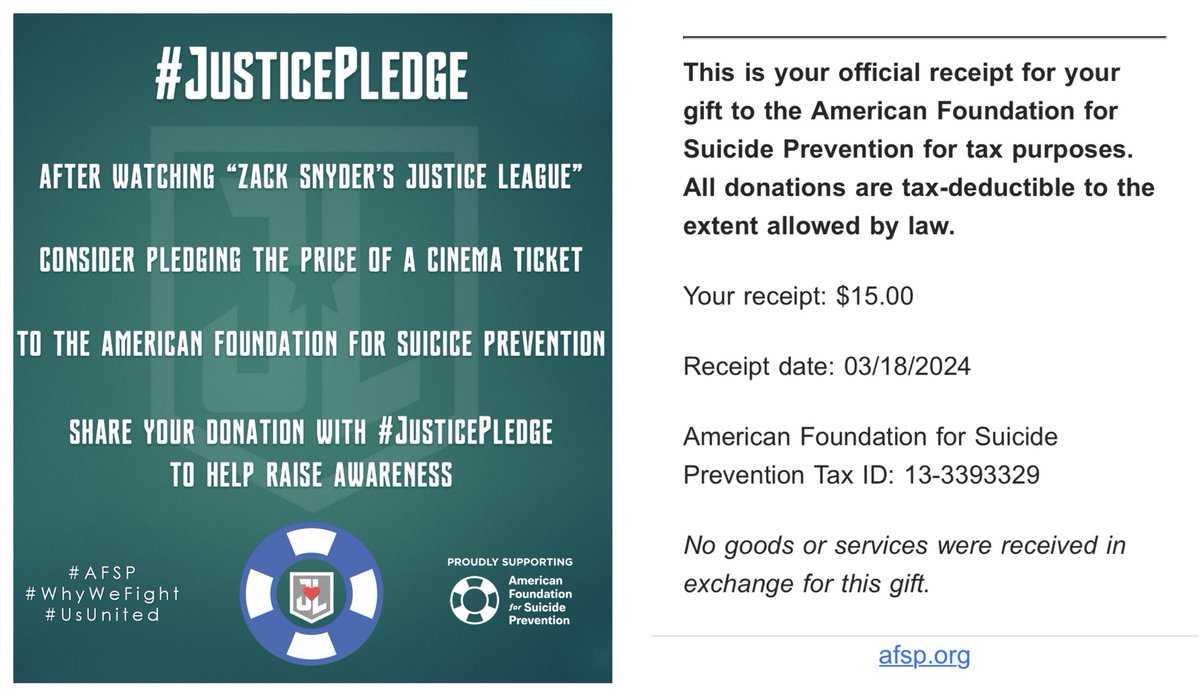 TPZMickD's tweet photo. Just finished my anniversary rewatch of ZSJL and made my #JusticePledge to @afspnational, the price of a movie ticket, remembering all the heart and effort that helped avenge justice delayed.
Continue the powerful legacy.
#ForAutumn #AFSP #UsUnited https://t.co/Wh9mNbS4ee