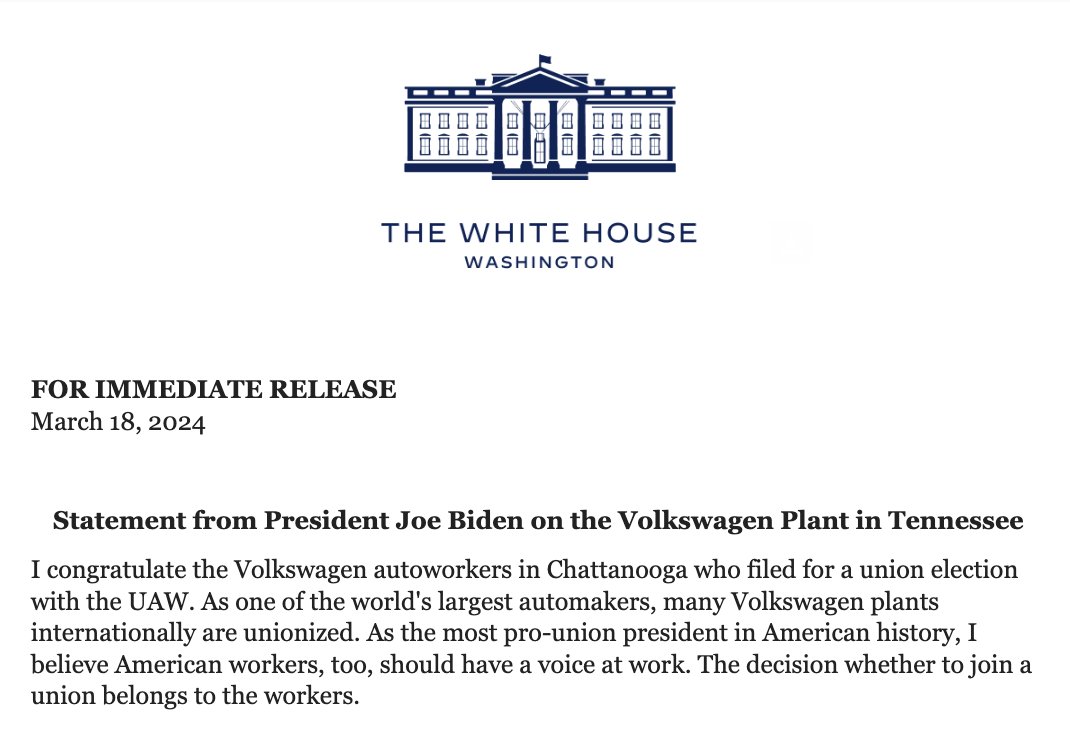 Biden backs UAW union election at Volkswagen.