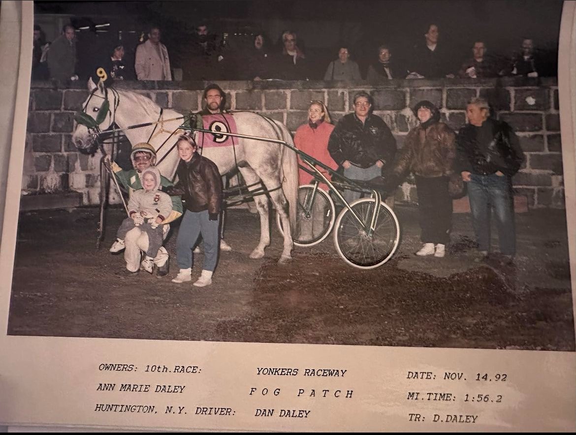 DanDaley's tweet photo. That’s me on Dad’s knee… this is Fog Patch - the first horse I bonded with. He was a gentle giant and would let me come into his stall when he was laying down and join him.

Horse racing isn’t just a sport or hobby to me. It’s part of my family and each one of our horses is too. https://t.co/rBlkltwrrG