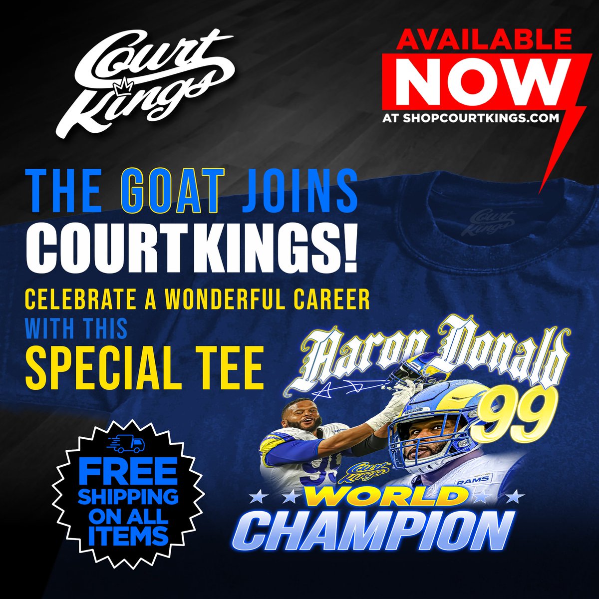 Available at shopcourtkings.com 
#courtkings #ramshouse #AD99 #losangeles #LA #cityofchamps #ramsnation #GOAT #AaronDonald #shopcourtkings

Shopcourtkings.com
@EmpireJeff_ @DantheLakersFAN @MeeztheGm @curlychris00