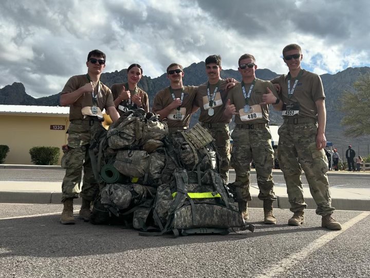 Congrats to #MtRushmoreBn for completing the Bataan Deathmarch in NM! CDT Barnhart, Derting, McGlynn, Patch, Patton, Scott & Weavill, with CPT Huskey & MAJ Lundeen trekked 26.2 miles! #Leaderswanted #3BDE #traintosucceed @3rdrotcbrigade @armyrotc @sdsmt @BlackHillsState