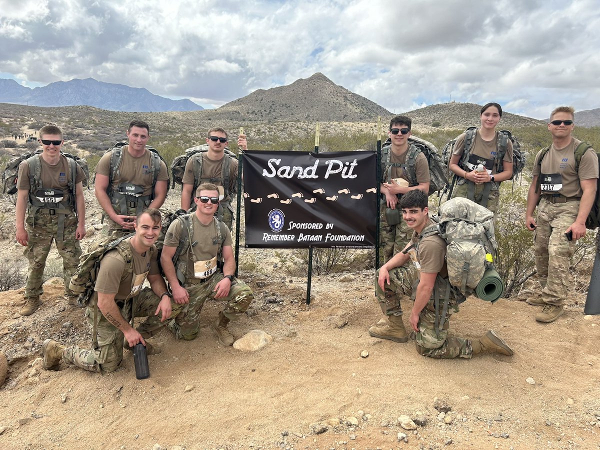 MtRushmoreROTC's tweet photo. Congrats to #MtRushmoreBn for completing the Bataan Deathmarch in NM! CDT Barnhart, Derting, McGlynn, Patch, Patton, Scott &amp; Weavill, with CPT Huskey &amp; MAJ Lundeen trekked 26.2 miles! #Leaderswanted #3BDE #traintosucceed @3rdrotcbrigade @armyrotc @sdsmt @BlackHillsState https://t.co/ujRYsbgzxC