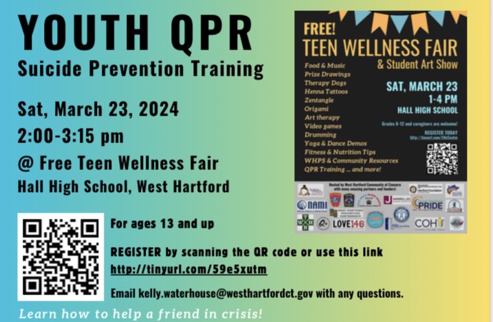 #TeenWellnessFairWH Teens and adults are welcome to participate in the 2:00pm suicide prevention training training during the Teen Wellness Fair on Saturday, March 23 at Hall High School. Register today: tinyurl.com/59e5xutm.