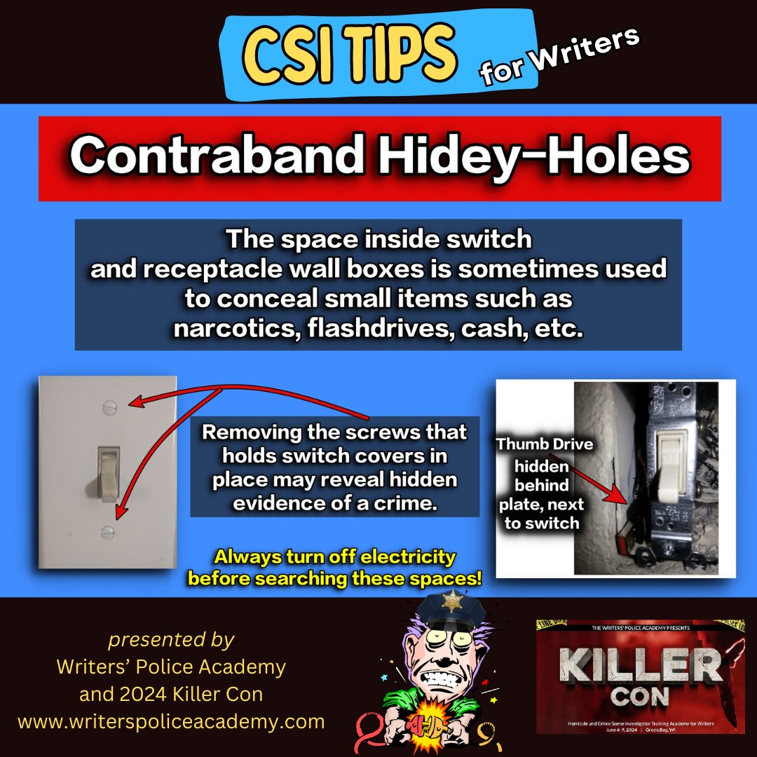 CSI Tips for Writers: Contraband Hidey-Holes

#thegraveyardshiftblog
@EdgarAwards
@thrillerwriters
@romancewriters
@SINCnational
@RWAKissofDeath
#amwriting #CrimeFiction