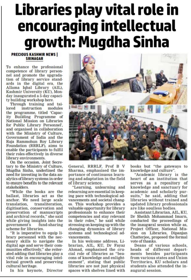 RrrlfKolkata's tweet photo. Inaugural session of the Capacity Building Program of National Mission on Libraries (NML) for Public Library Personnel, organized by @RrrlfKolkata at @UoKashmir from 11th to 15th March, 2024 was covered by various media. https://t.co/0e49o5ZBTN