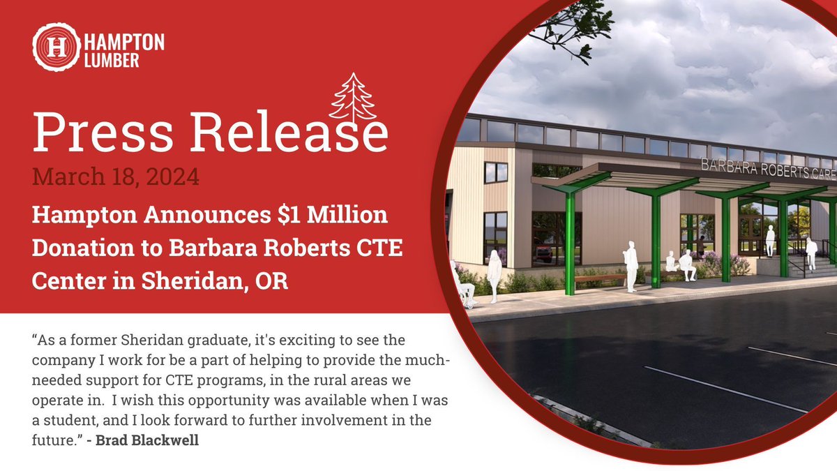 Hampton Announces $1M Donation to Barbara Roberts CTE Center Sheridan, OR!  New facility will expand CTE opportunities for rural students!  buff.ly/4a42MfG