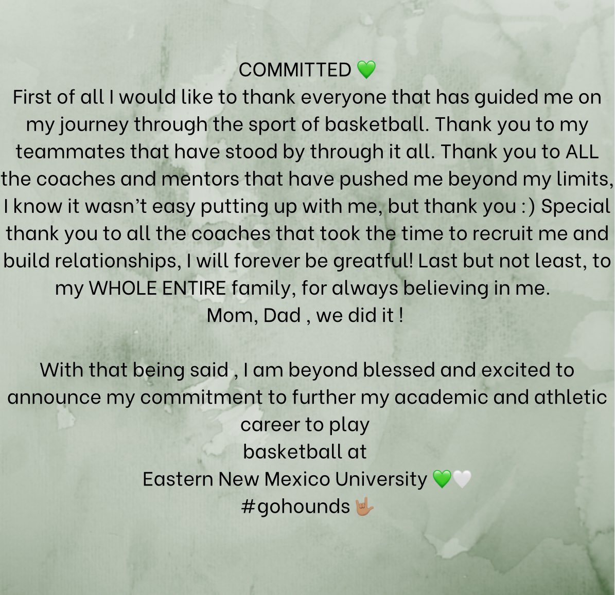 Blessed to announce my official commitment to Eastern New Mexico University !! 110% Committed 💚 #GoHounds 🤟🏽 @FAMwtxGBB @LadySandies @atx_heat @bombcitybsktbll @ENMUWBB @CoachHuber23 @rbarrchav24 @LosChav201511 @806hsscmedia