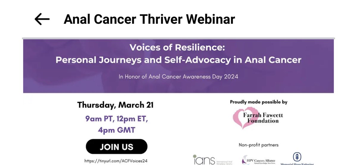 The @HPVAnalCancer is putting on a phenominal online event/webinar for Anal Cancer Awareness Day this Thursday March 21st at noon eastern. I would encourage everyone touched by this disease to check out tinyurl.com/ACFVoices24 to learn from folks who have been through it! 🎗️