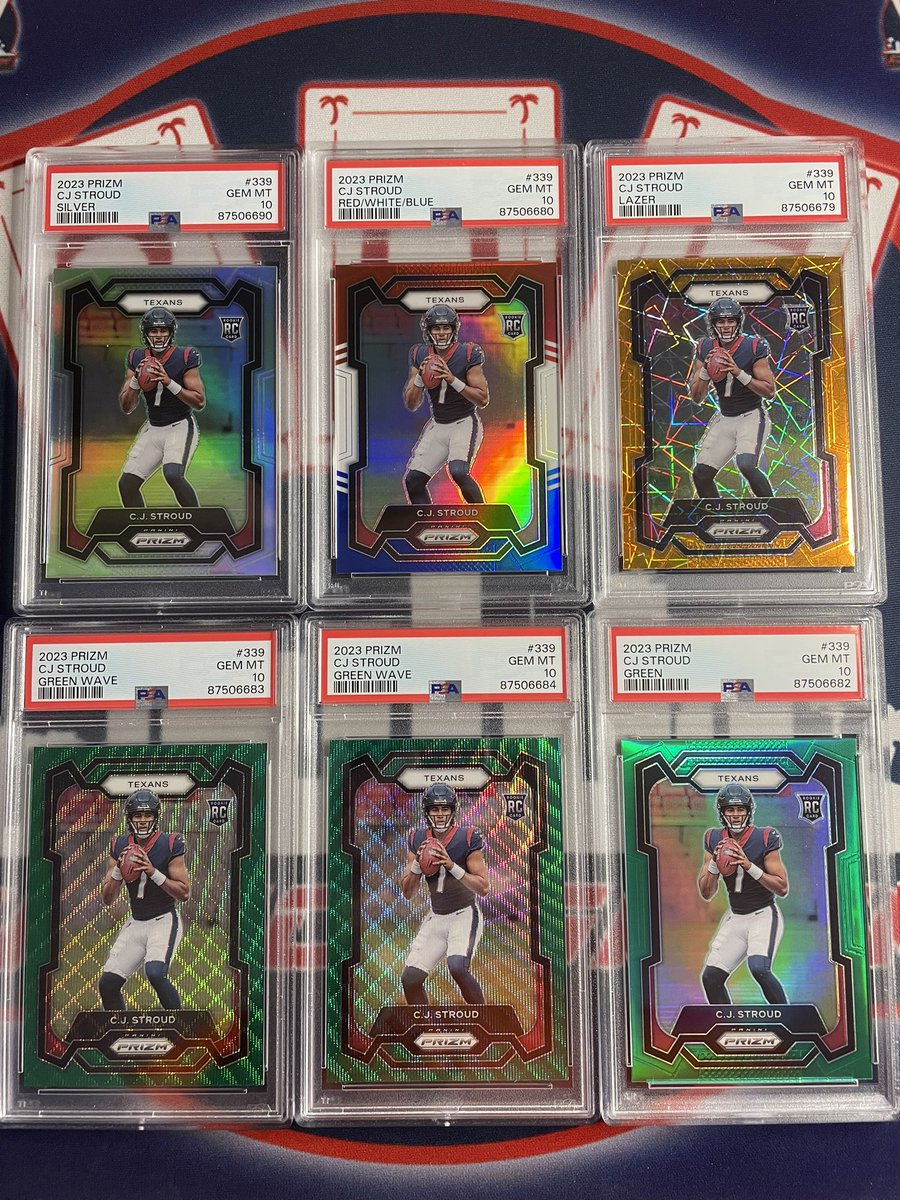 305CardShop's tweet photo. CJ STROUD FOR SALE

⁃PSA 10 CJ Stroud Orange Lazer - $450
⁃PSA 10 CJ Stroud Red White Blue - $500
⁃PSA 10 CJ Stroud Green - $600
⁃PSA 10 CJ Stroud Green Wave - $575 (x2)
⁃PSA 10 CJ Stroud Silver Prizm - $900

RTs appreciated!
@HobbyConnector @TheHobby247 https://t.co/XxanJJ21Na