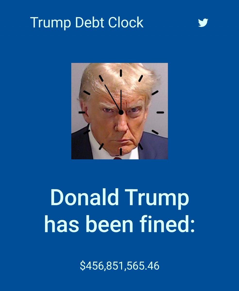 Trump Debt Clock ๐ ๐ (@trumpdebtclock) on Twitter photo That is the total the whole group of people owes. 
As of 9:20PM EST Donald J Trump owes $456,851,565.46 That is the total the whole group of people owes. 
As of 9:20PM EST Donald J Trump owes $456,851,565.46
