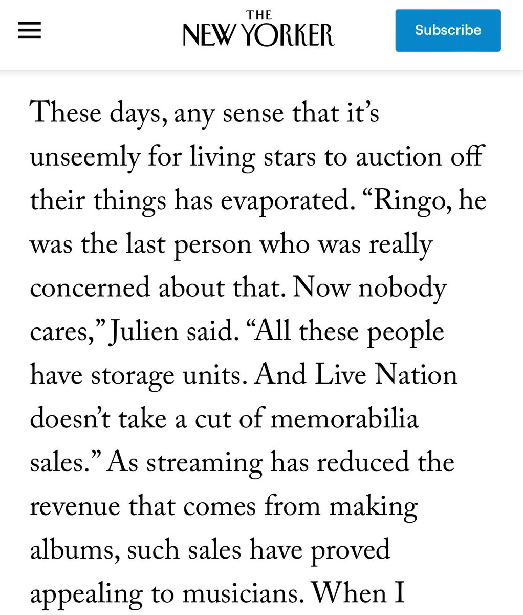 For now – memorabilia sales are an untouched income stream 🎶 …. “And Live Nation doesn’t take a cut of memorabilia sales.” As streaming has reduced the revenue that comes from making albums, such sales have proved appealing to musicians.“ @NewYorker newyorker.com/magazine/2024/…