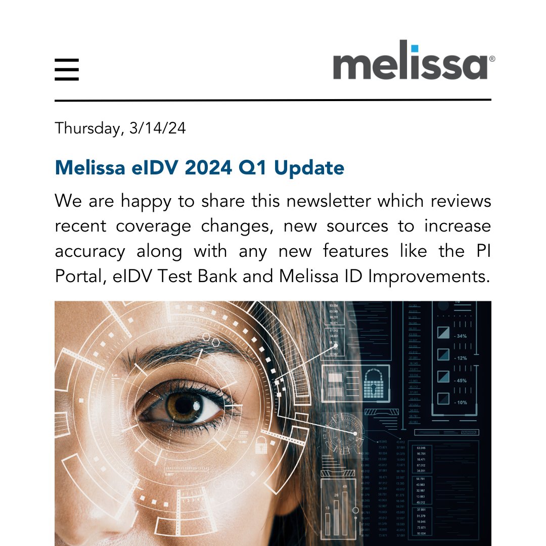 Jump into our latest 2024 Q1 eIDV - Electronic Identity Verification newsletter! 📰 Discover new coverage expansions, fresh sources, and exciting features. Don’t miss out – read here 👉i.melissa.com/3vbZest
#IDVerification #Newsletter #TechTrends #MelissaData