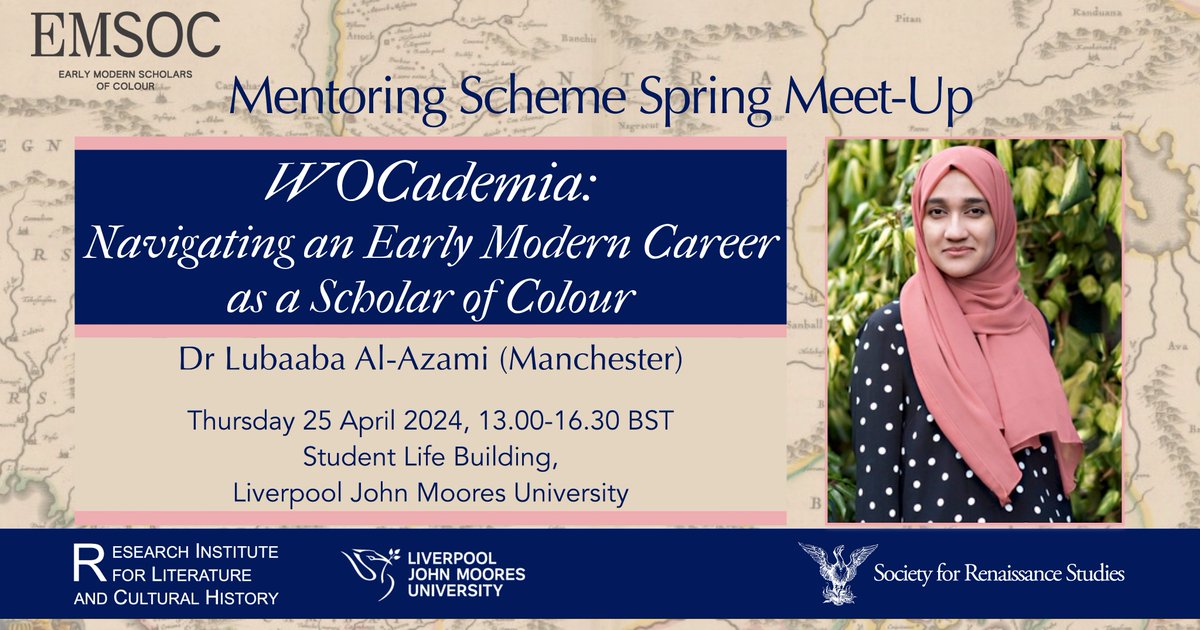 Want to learn more about our mentoring scheme with @EMSOC_UK? Join us for our Spring Meetup on 25 April 2024, 2.00-4.30pm in Liverpool, where @Lubaabanama will be our guest speaker on 'WOCacademia: Navigating an Early Modern Career as a Scholar of Colour' rensoc.org.uk/event/wocacade…