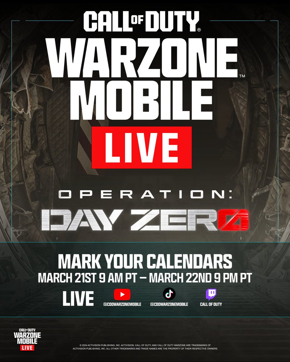 Introducing Call of Duty #WarzoneMobile LIVE, a 36-hour onslaught streaming on YouTube, Twitch, and TikTok!

🚀 Day 1, March 21st: Launch Day – Celebrate the monumental launch with top creators.

🔴 Day 2, March 22nd: Day Zero – Witness creators navigate the initial chaos and