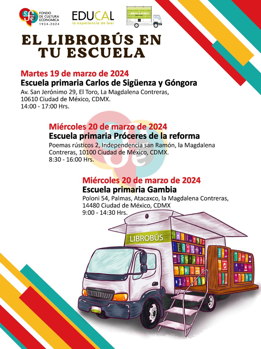 FCEMexico's tweet photo. ¡El #Librobús en tu escuela!
Les compartimos las siguientes paradas del #Librobús que estará del 19 al 22 de marzo en algunas primarias de la Ciudad de México.
Consulten los horarios y fechas.⬇️
¡Sigamos construyendo una #RepúblicaDeLectores!

@LibreriasEducal #LeerTransforma https://t.co/u6rHd4OdUW