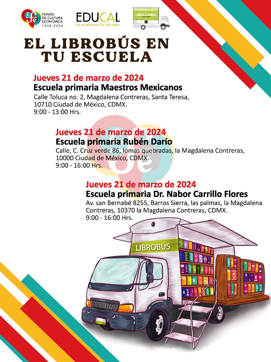 FCEMexico's tweet photo. ¡El #Librobús en tu escuela!
Les compartimos las siguientes paradas del #Librobús que estará del 19 al 22 de marzo en algunas primarias de la Ciudad de México.
Consulten los horarios y fechas.⬇️
¡Sigamos construyendo una #RepúblicaDeLectores!

@LibreriasEducal #LeerTransforma https://t.co/u6rHd4OdUW