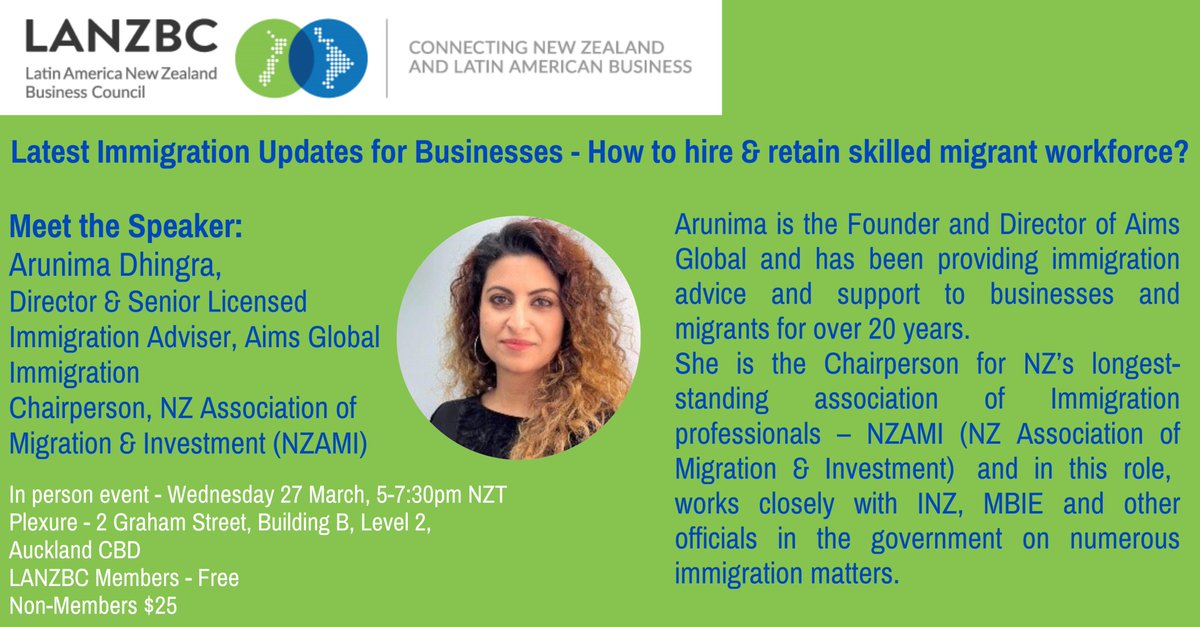 Join Arunima D, Director & Senior Licensed Immigration Adviser, @Aims_Global_Edu Chairperson, NZ Association of Migration & Investment (NZAMI) to learn more about the latest updates in immigration. To register: lanzbc.co.nz/events/upcomin… Thanks Plexure for hosting us.