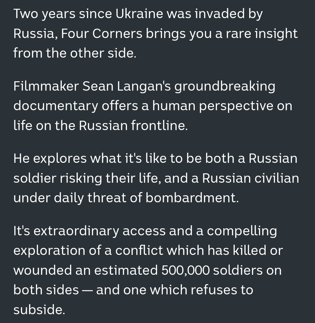 Jesus christ this is disgusting 'Russian soldiers risking their life'? Risking their life to do what, exactly? The RUSSIANS under daily risk??? What the actual fuck @abcnews ? Would you make a documentary in 1944 with wehrmacht soldiers going 'we're not monsters 😓😓😓'