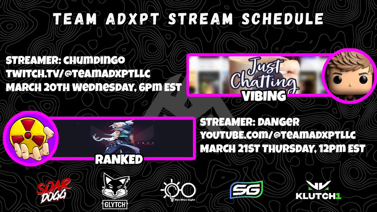 TeamAdxptLLC's tweet photo. ✨ BREAKING NEWS ✨

@chumdingo and @YoItzDanger will be Live on the team's YouTube and Twitch this week! 

Come by and meet the owner and co-owner and have fun 

(Links in Bio)
#AdxptOnTop #AdxptDanger #AdxptChum https://t.co/33zhqsPpzM