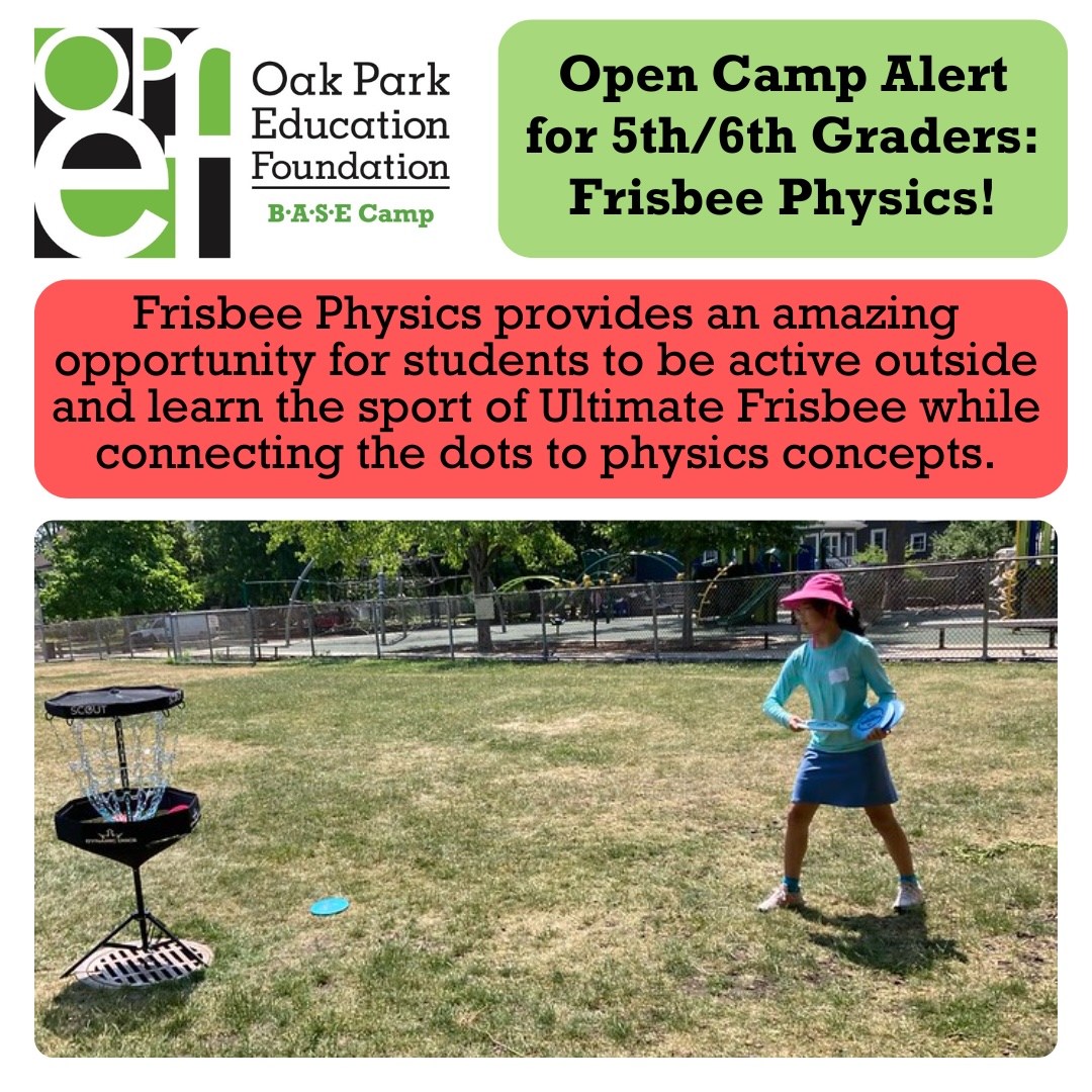 OPEF BASE Camp Open Camp Alert: There's still room in our Frisbee Physics for 5th/6th graders camp! Sign your child up with their friends for the ultimate summer experience! This camp runs June 17-24th from 9-11:30 AM! Register here: app.amilia.com/store/en/oak-p…
