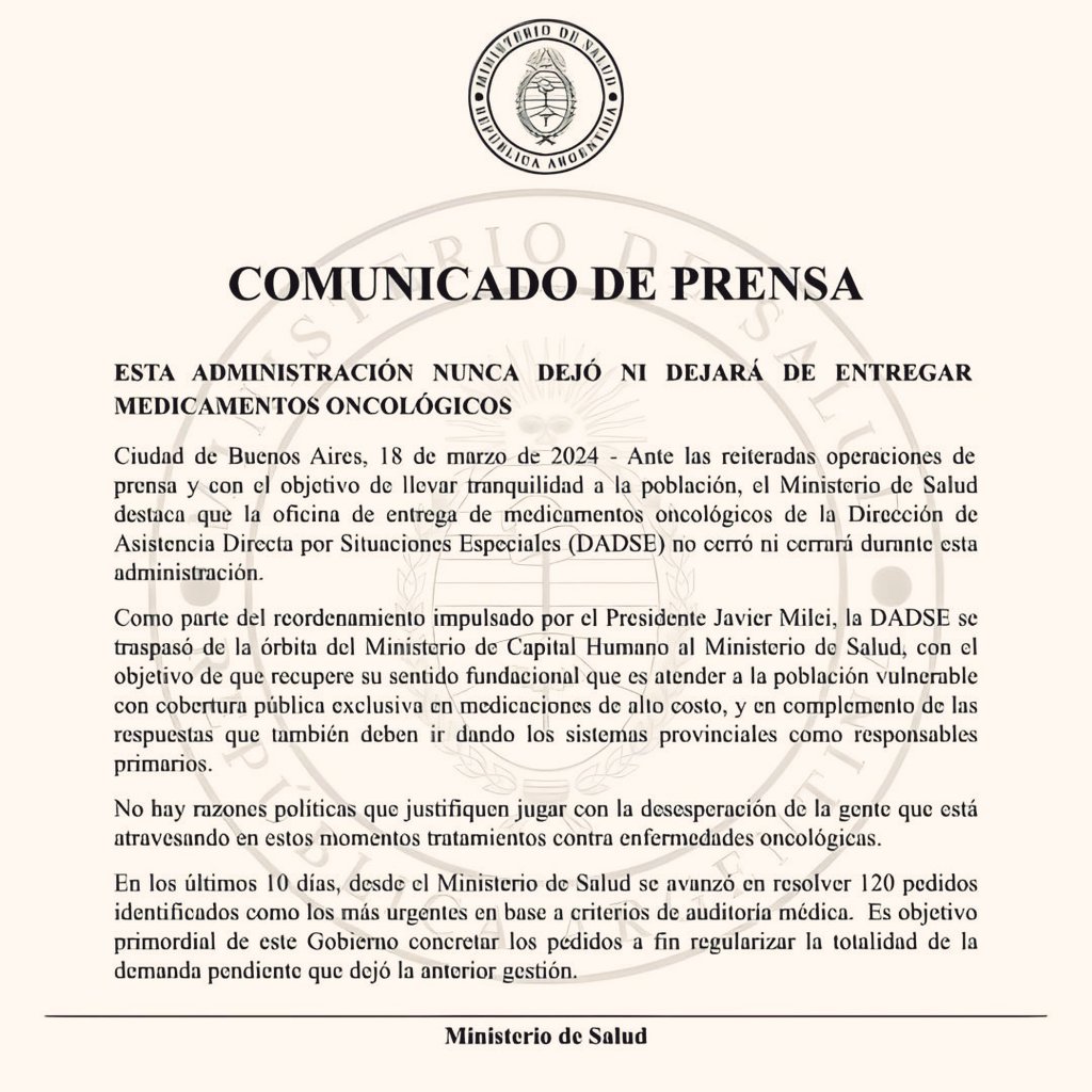 BiondiniCesar's tweet photo. Una vergüenza el comunicado del "ministerio de salud" del régimen. De su lectura se desprende:
❌️ Que efectivamente dejaron de entregar medicamentos oncológicos al bloquear a la DADSE. Primero lo niegan y en el último párrafo lo reconocen.
❌️ Que luego de 100 días, recién ahora comenzarán a entregarle remedios a 120 pacientes (el resto parece que es prescindible).
❌️ Que ya le quieren tirar la responsabilidad a las provincias ("responsables primarios").
No hay operaciones de prensa, hay casos de extrema gravedad y hay fallecidos. Milei, Pettovello y el resto de la banda tendrán que rendir cuentas más temprano que tarde.