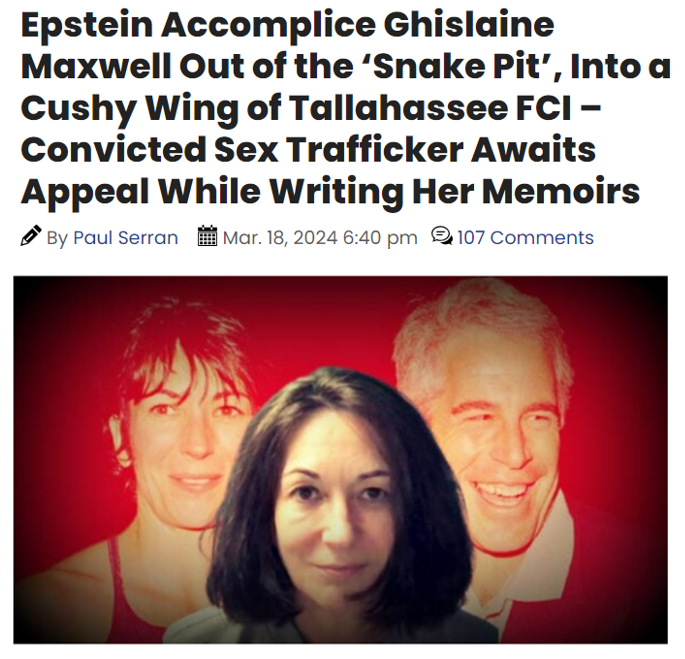 AwakenedOutlaw's tweet photo. Look who's name is popping back up in the news.  👀
______________
Epstein Accomplice #GhislaineMaxwell Out of the ‘Snake Pit’, Into a Cushy Wing of Tallahassee FCI – Convicted Sex Trafficker Awaits Appeal While Writing Her Memoirs

h/t @paul_serran